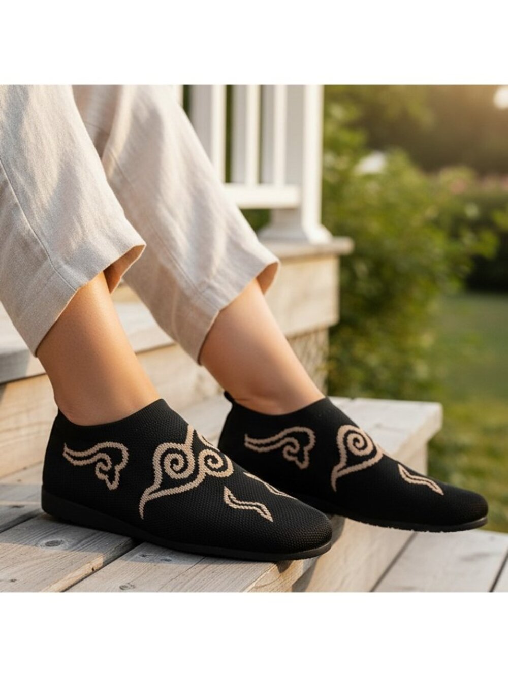 Grecian Scroll Swirl Knit Round Toe Ballet Flats Artsy Breathable Slip-On Shoes